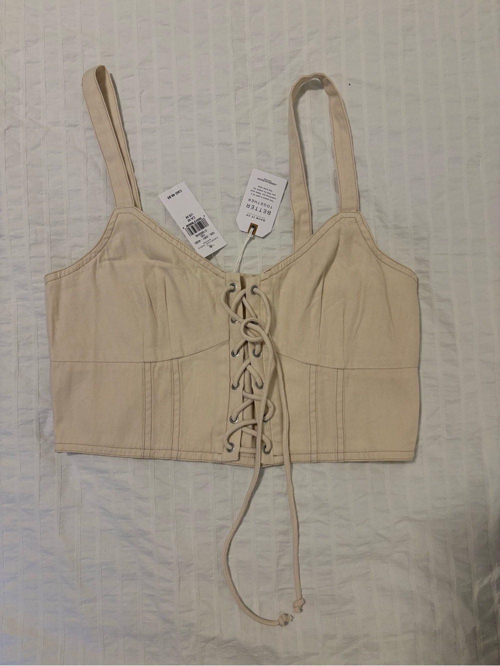 American Eagle Outfitters Lace-Up Cropped Tank Top in Cream